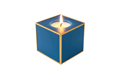 Square blue candle holder with a lit candle, golden trim, against a black background