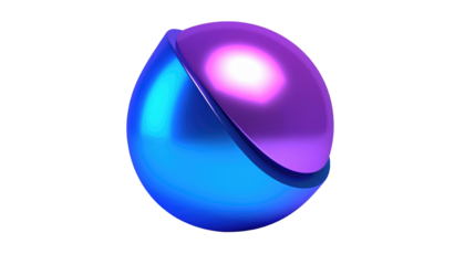 Glossy orb bisected, reflecting vibrant purple and blue tones, isolated on black