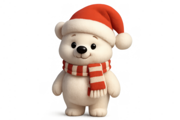 Cute polar bear character wearing santa hat and scarf for christmas greetings, winter holidays, and festive celebrations