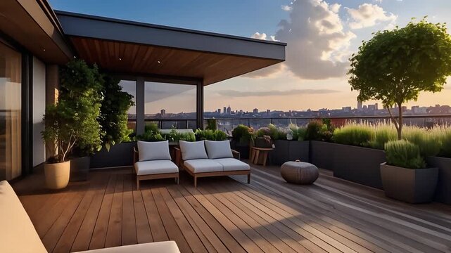 緑豊かな植栽が並ぶルーフガーデン屋上テラスと木製デッキデザイン