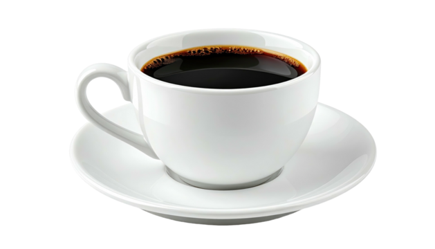 Plain white coffee cup with black coffee sits upon a matching saucer. Isolated on a black background