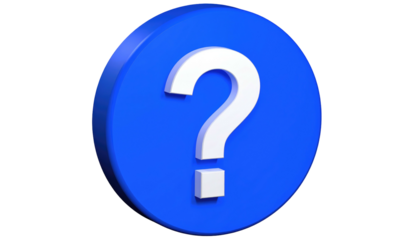 A 3D question mark, rendered in white, sits atop a blue disc against a stark black background