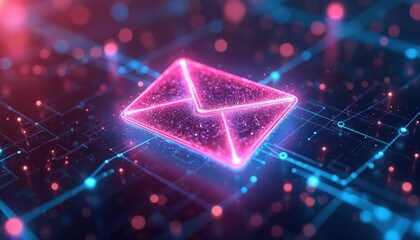 Glowing neon envelope floats over digital circuit board. Futuristic communication concept of electronic mail and data network. Connected lines and dots create network grid background. Modern tech.