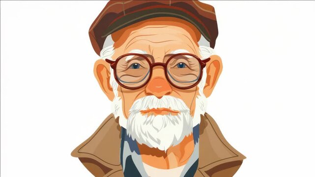 A man with glasses and a hat. He is wearing a brown coat. He has a beard and white hair