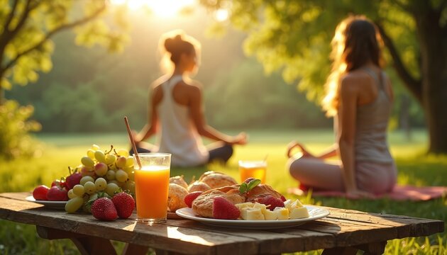 Two women meditate in sunny park after morning yoga practice. Healthy picnic breakfast with fresh juice, fruits, pastries on wooden table. Friends enjoy wellness retreat, mindful eating outdoors for