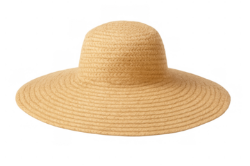 Straw sun hat with wide brim providing summer protection and stylish beach fashion, transparent background