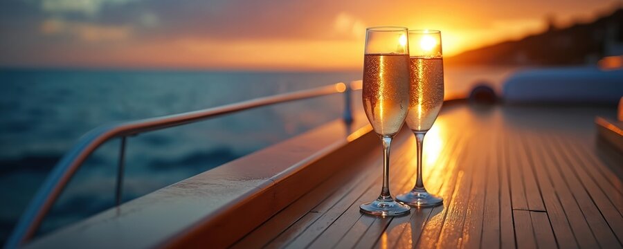 Two champagne glasses on yacht deck at sunset. Sparkling wine in glasses reflects warm sunlight. Luxury vacation on boat at sea with calm water. Romantic celebration with beverage on sailboat deck.