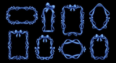 Collection of blue ribbon frames with bows on a black background.
