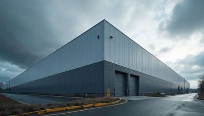 Obraz premium Modern large warehouse building exterior with grey walls under cloudy sky. Industrial logistics facility with roll up doors on a wet asphalt road.