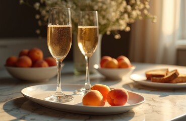 Elegant table setting featuring Prosecco flutes. Peach fruits served alongside glasses. Sparkling wine, toast on table in sun light. Romantic celebration event concept. Luxury lifestyle with food,