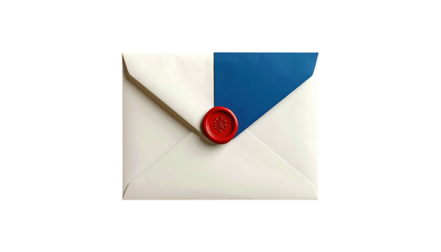 Sealed envelope, white with a blue interior flap and a red wax seal. Letter correspondence icon on black background