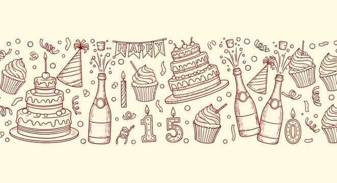 A detailed illustration featuring various birthday elements, including cakes, champagne bottles, and party hats.