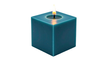 Square teal candle with lit flame on black background casting a warm glow in hollowed top