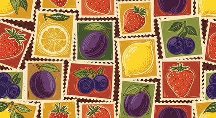 A colorful collage of vintage-style postage stamps featuring various fruits like strawberries, lemons, and plums.