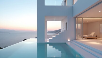 Fototapeta premium Modern white luxury villa features infinity pool with stunning ocean views. Bright interior spaces include comfortable lounge area for relaxation. Elegant stairs connect various floor levels. Guests