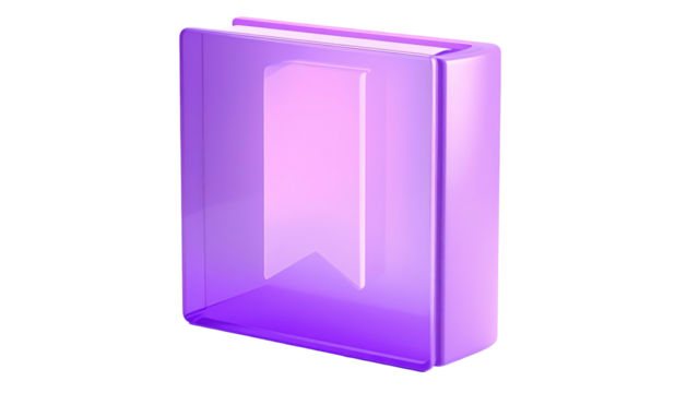 Glossy, transparent, purple book with a bookmark. Isolated object against black