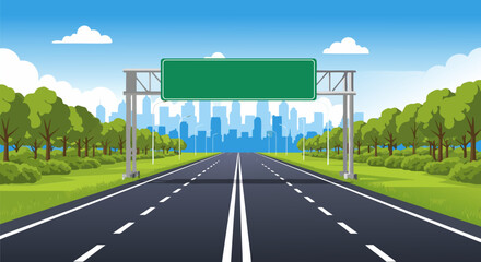 An empty highway with a large blank green sign for custom text, leading to a distant city skyline. Vector illustration representing a journey or destination concept