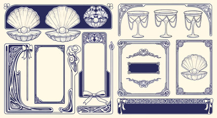 A collection of vintage Art Nouveau decorative elements including frames, borders, and seashell motifs.