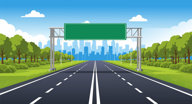An empty highway with a large blank green sign for custom text, leading to a distant city skyline. Vector illustration representing a journey or destination concept