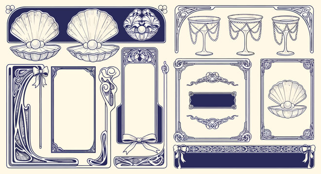 A collection of vintage Art Nouveau decorative elements including frames, borders, and seashell motifs.