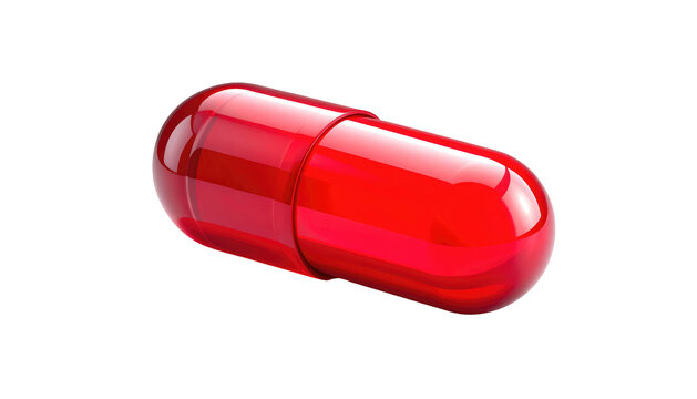 Glossy red capsule on a dark background, lying diagonally, showcasing transparency and a connection point in the middle