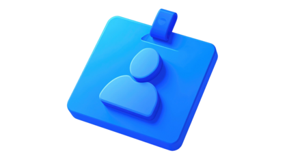 Glossy 3D blue badge icon with person silhouette, tilted against black background creating a modern, minimalist feel