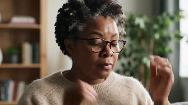 Thoughtful Black woman wearing glasses and a cozy sweater scratches her head pondering a complex problem with a gentle, introspective expression