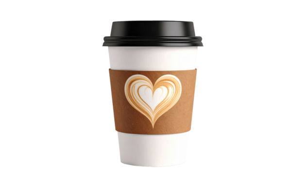 White paper cup with a brown sleeve displaying a creamy heart design against a solid black background
