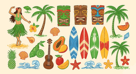 A vibrant collection of Hawaiian-themed illustrations including a hula dancer, surfboards, tiki masks, palm trees, and tropical fruits.