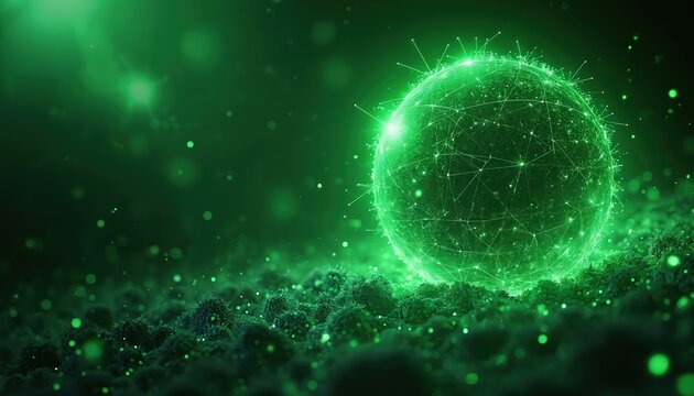 Glowing green sphere with connected lines, points rests on dark, textured surface. Digital network cyberspace concept with glowing particles in background. Abstract futuristic design element with