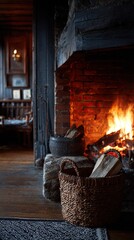 Cozy fireplace scene with rustic brick and warm firelight