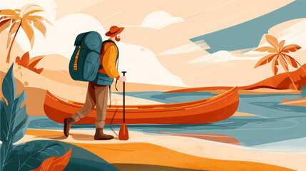 The vector illustration of a man with a boat and an adventure row is perfect.