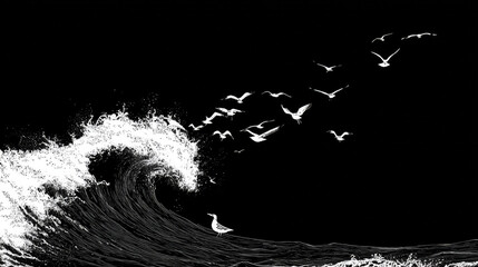 Minimalist vector art of a strong ocean in black and white