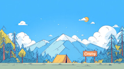 A serene camping landscape in a minimalist vector illustration