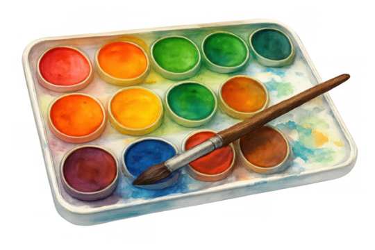 Watercolor paint set with a paintbrush on a palette, creating art and expressing creativity, on a transparent background - Powered by Adobe