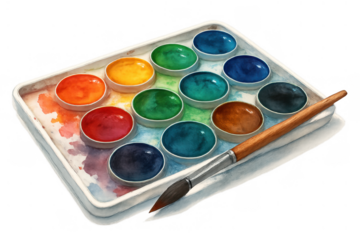 Watercolor paint set with brush on a transparent background, depicting art supplies for painting and creative hobbies