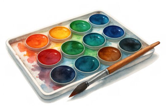 Watercolor paint set with brush on a transparent background, depicting art supplies for painting and creative hobbies