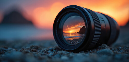 Camera lens rests on rocky shore reflecting colorful sunset ocean scene. Photographer views seascape through optic, framing horizon. Pro equipment captures natural beauty.
