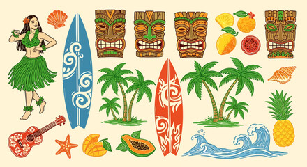 Hawaiian themed illustration with hula dancer, surfboards, tiki masks, palm trees, and tropical fruits.