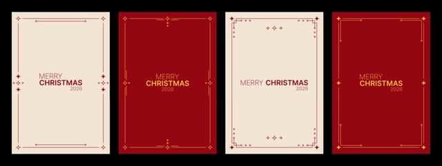 Set of Merry Christmas 2026 vector greeting card templates with decorative frame. Holiday wish graphic design for celebration.