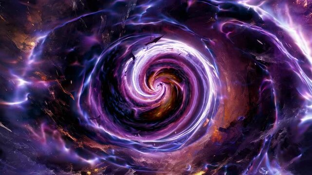 A cosmic vortex in a nebula, captured from a top-down angle, resembling a sci-fi video game portal with swirling purple and orange hues.