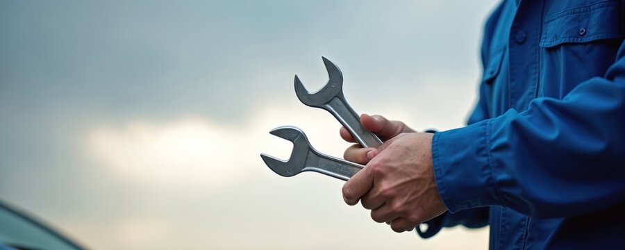 Mechanic holds two wrenches against cloudy sky. Automotive service worker in blue uniform shows tools. Repairman at work. Car maintenance and auto repair concept.