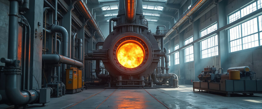 Large industrial rotary furnace glows with intense heat inside factory. Complex pipe systems, machinery surround heating equipment. Industrial manufacturing plant setting, heavy machinery operation.