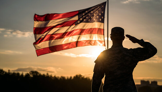 Patriotic soldier saluting American flag at sunset symbolizing honor, courage, and freedom with stunning silhouette and golden light for Veterans Day