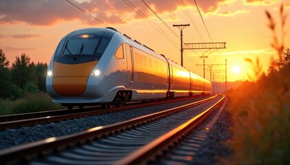 Naklejka premium High speed train on railroad tracks at sunset. Passenger express moves through rural landscape in warm evening light. Modern electric railway offers sustainable public transport for intercity