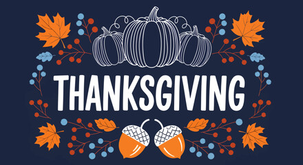 Fototapeta premium Decorative Thanksgiving Banner with Line Art Pumpkins and Berries