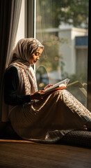 Young Muslim woman reading book while sitting by window indoors  