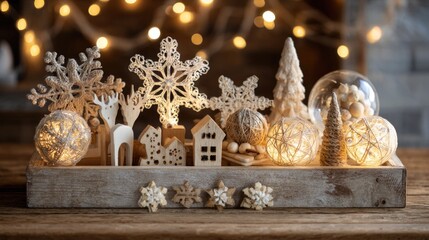 Obraz premium Rustic holiday décor with snowflakes and warm festive lights
