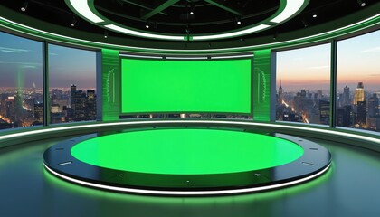 Modern news studio with green screen backdrop and city view. Circular desk in foreground for presenters. Sleek design for virtual production sets.