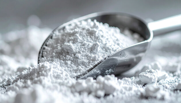 Tiny metallic scoop with titanium dioxide powder, talc, calcium carbonate or magnesium, scientific